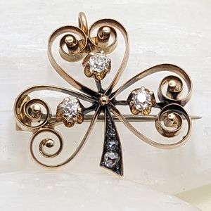 Antique 14k Gold & Diamond Shamrock Brooch Pendant